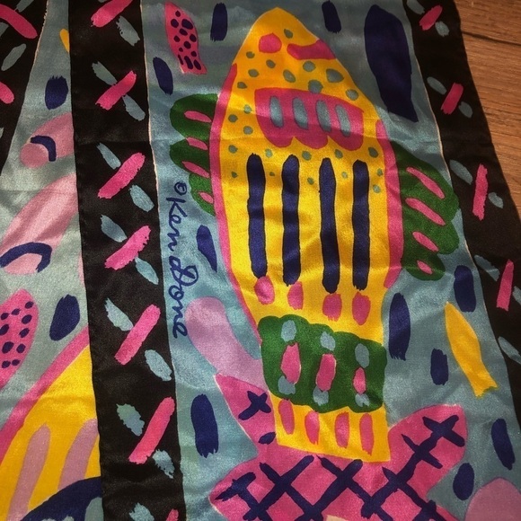 VTG 80s Ken Done Silk Long Tie Scarf Head Wrap Tropical Fish Floral Bright - Picture 3 of 6